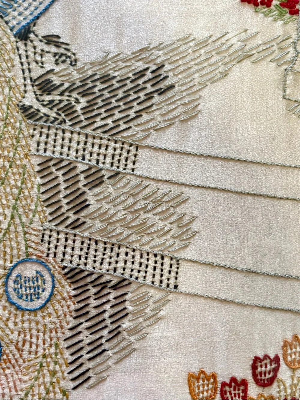 Vintage- Framed w/ Glass Embroidered Peacocks and florals
